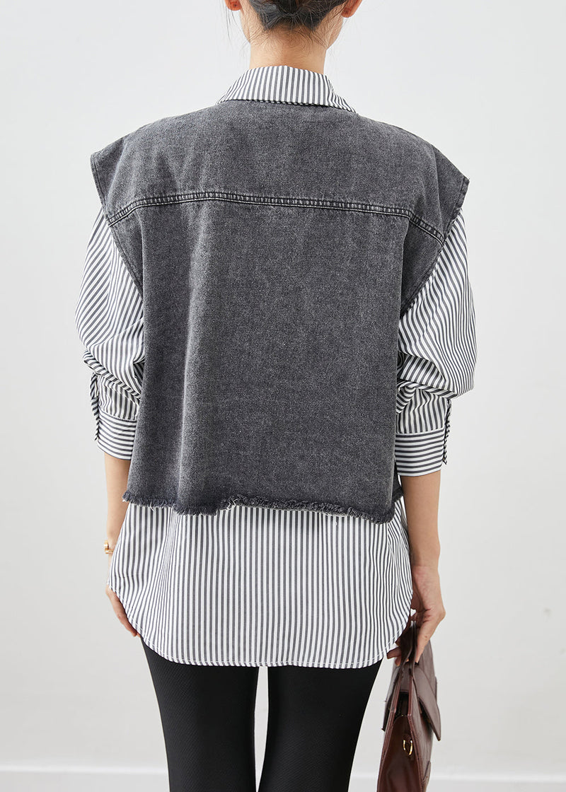 Black Striped Patchwork Denim Coat Outwear Fall