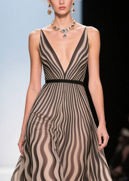Khaki Striped Patchwork Flower Chiffon Party Dress Summer