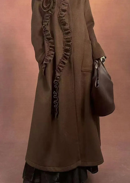 Fine Coffee O-neck Ruffled Patchwork Pockets Woolen Long Coats Winter