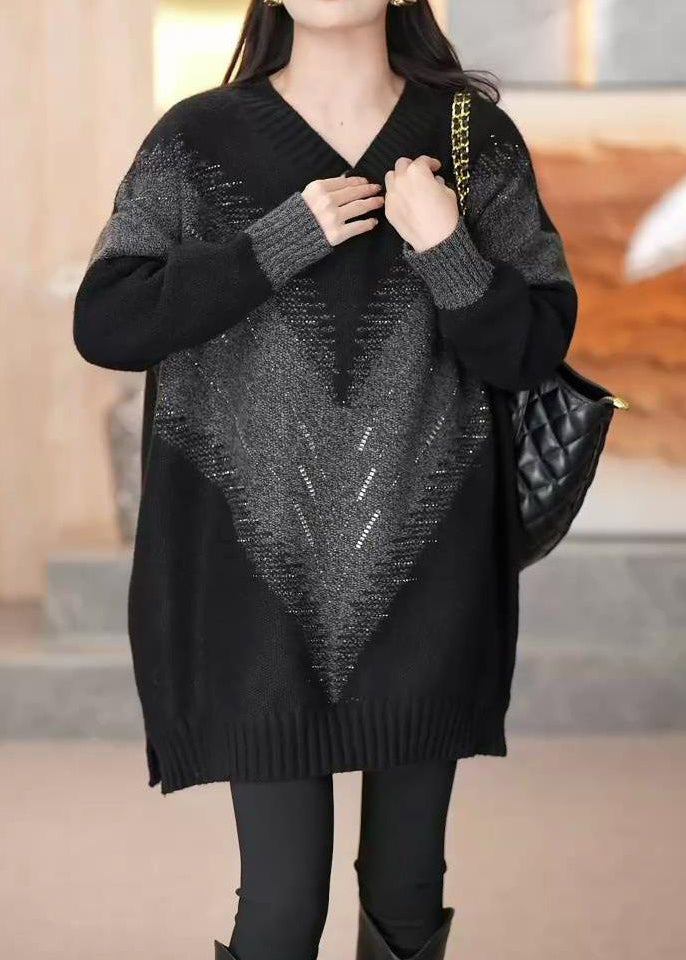 Loose Black V Neck Patchwork Cotton Knit Sweaters Long Sleeve Spring