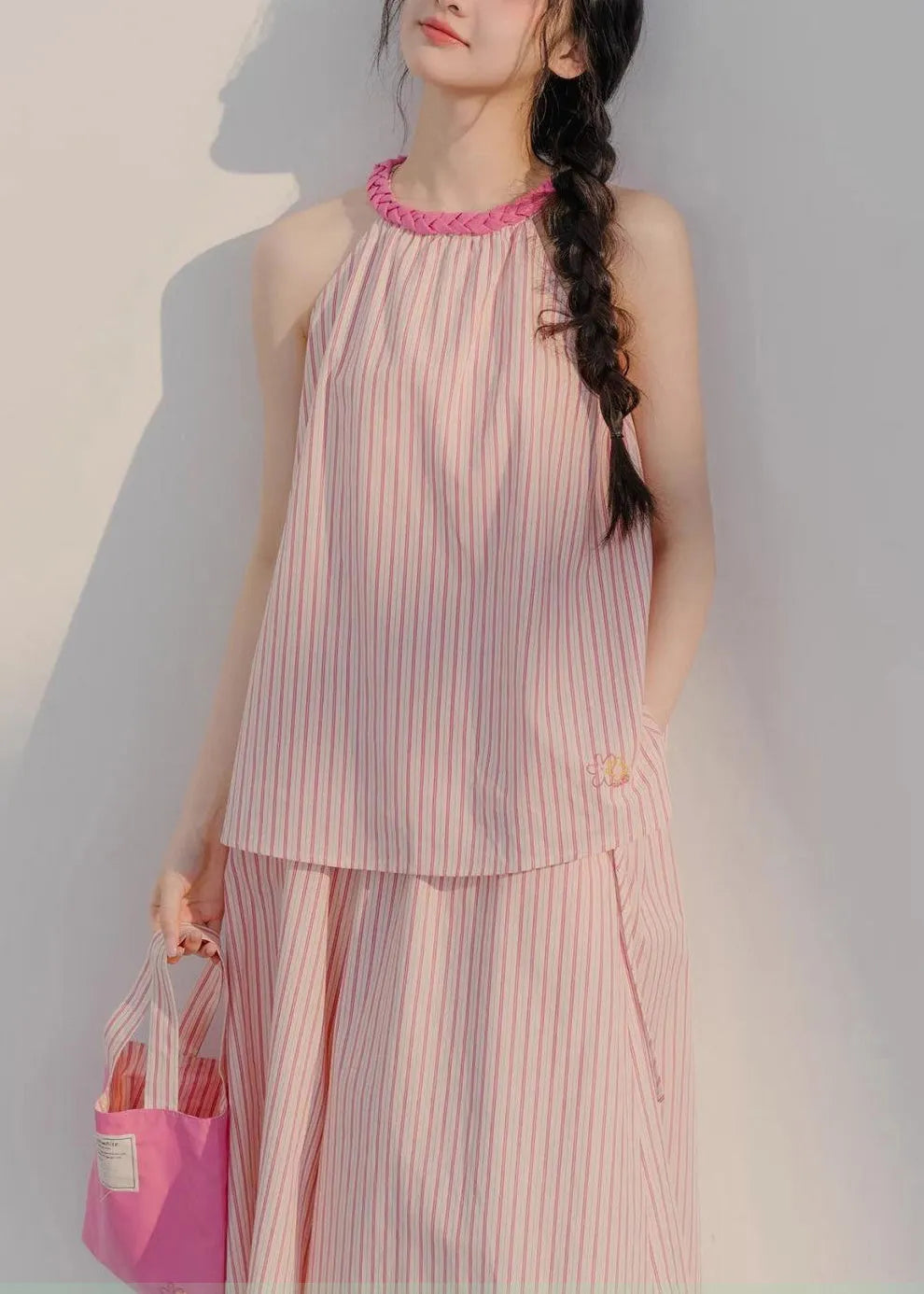 Pink Striped Tops and Crop Pants Cotton Two Pieces Set Sleeveless
