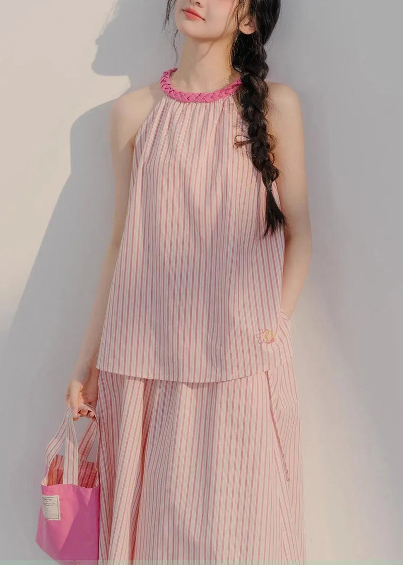 Pink Striped Tops and Crop Pants Cotton Two Pieces Set Sleeveless