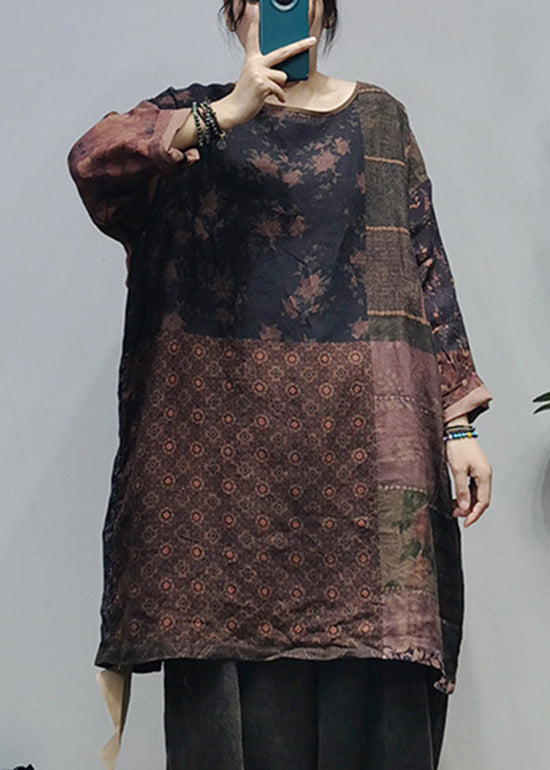 Chocolate O-neck Side Open Print Patchwork Linen Tops Long Sleeve Spring