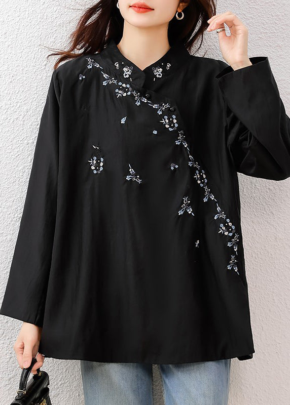 Black Mandarin Collar Embroidered Cotton Tops Fall