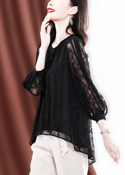 Black O-neck Button Low High Design Tulle Embroideried Silk Tops Long Sleeve
