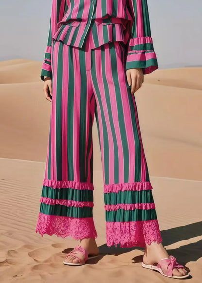 Multicolour Striped Patchwork Lace Two Piece Suit Set Spring