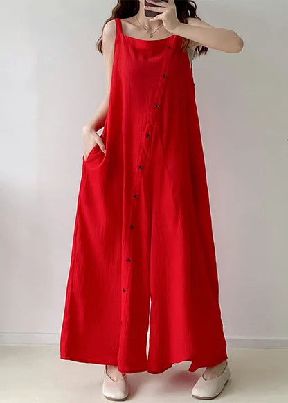 Red Asymmetrical Single Breaasted Chiffon Jumpsuits Fall