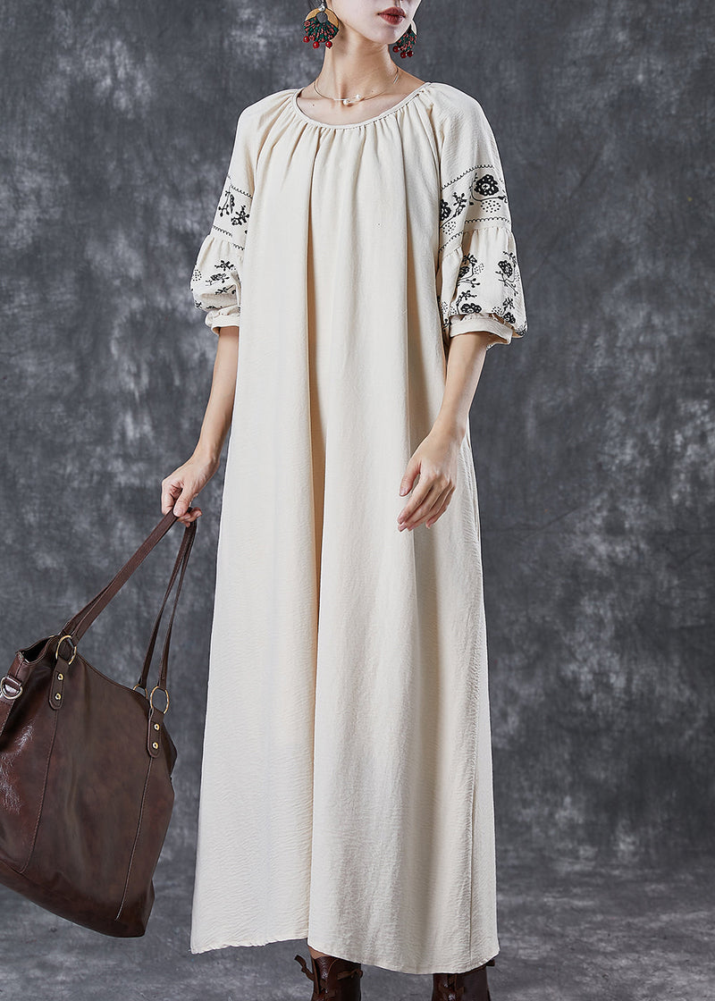 Boutique Beige O-neck Oversized Cotton Maxi Dresses Puff Sleeve