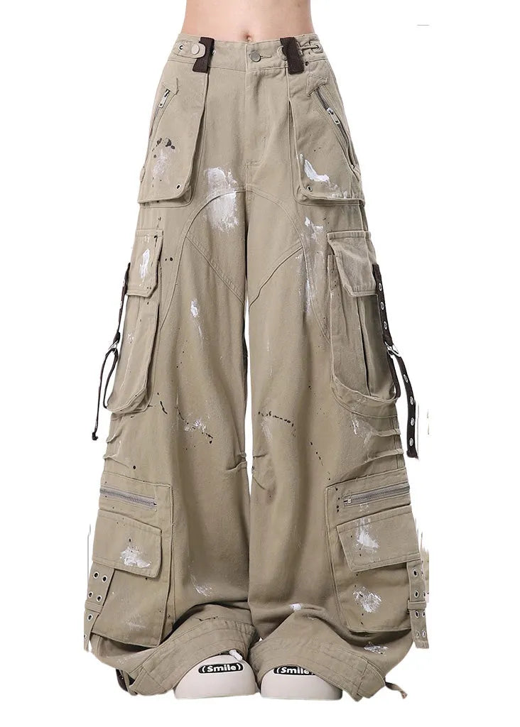 Italian Khaki Oversized Pockets Cotton Wide Leg Pants Fall
