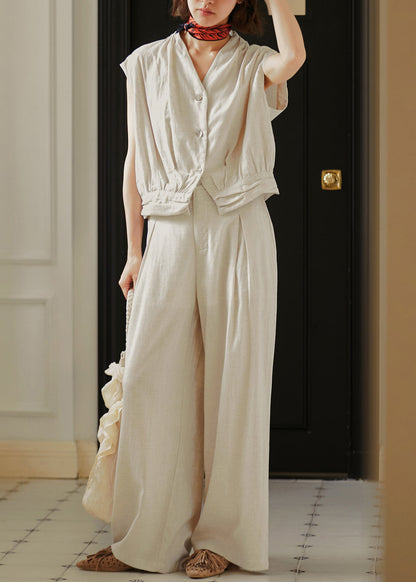 Organic Linen Color V Neck Cotton Two-piece Set Summer