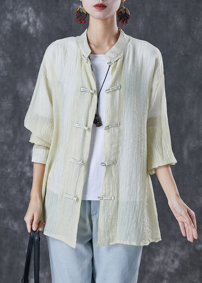 Light Yellow Mandarin Collar Chinese Button Wrinkled Cotton Shirt Fall