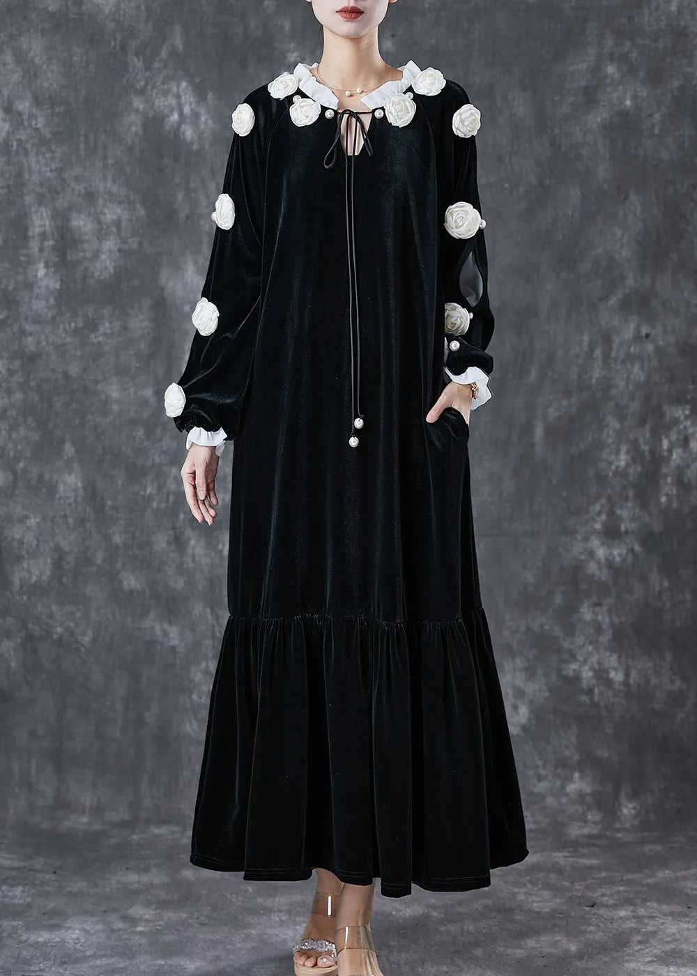 Modern Black Lace Up Silk Velour Maxi Dress Spring