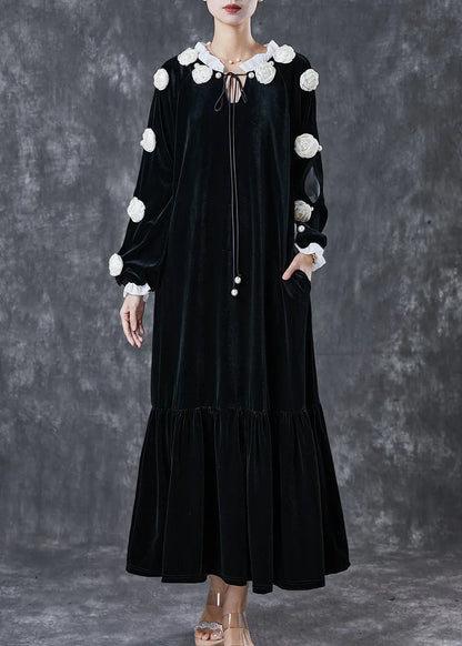 Modern Black Lace Up Silk Velour Maxi Dress Spring