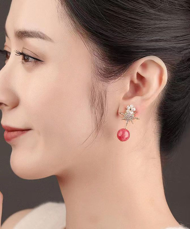 Art Pink Sterling Silver Zircon Gem Stone Shell Drop Earrings