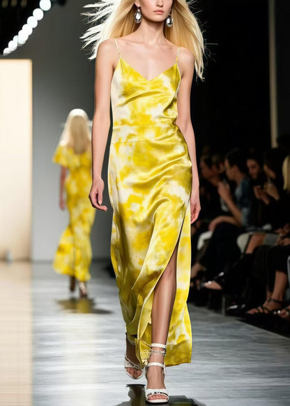Yellow Tie Dye Side Open Silk Spaghetti Strap Dress Summer