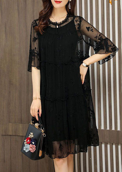 Unique Black O-neck Embroideried Patchwork Tulle Dress Half Sleeve