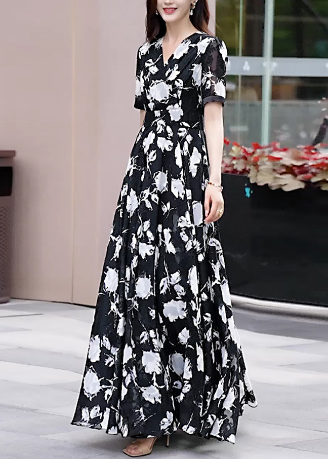 Black V Neck Print Chiffon Long Dress Summer