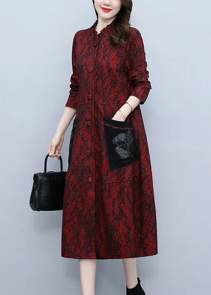 Red Stand Collar Print Long Trench Coats Spring