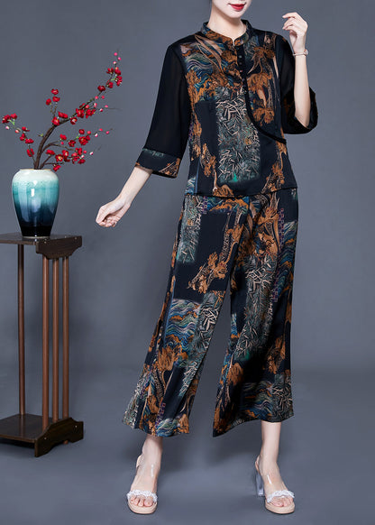 Black Stand Collar Patchwork Print Silk Two Pieces Set Bracelet Sleeve