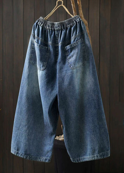Blue Elastic Waist Pockets Print Crop Jeans