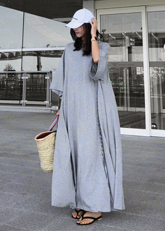Grey O-neck Asymmetrical Cotton Dress Three Quarter Sleeve