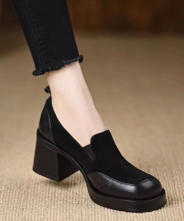Faux Leather Chunky Splicing Black Loafer Shoes