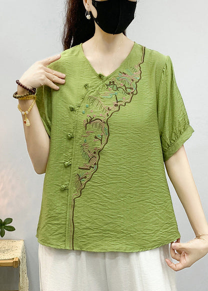 Pea Green Embroidered Button Linen Shirts Summer