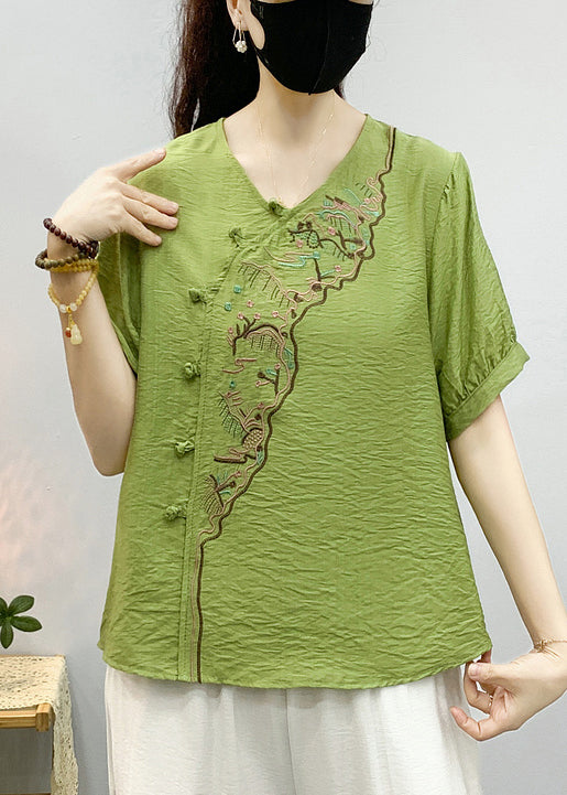 Pea Green Embroidered Button Linen Shirts Summer
