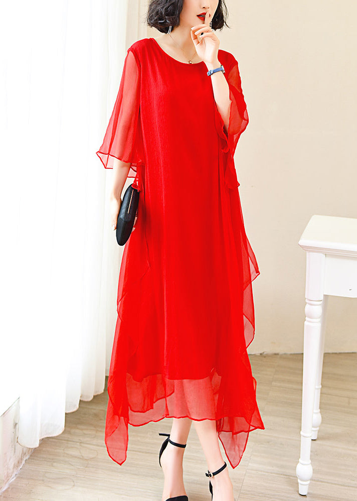 Red O-neck Ice Silk Long Dress Flare Sleeve