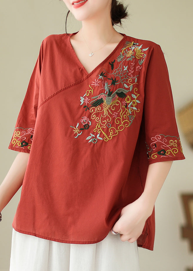 Italian Red Side Open Cotton Top Half Sleeve