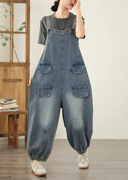 Blue Patchwork Denim Jumpsuit Pockets Spring