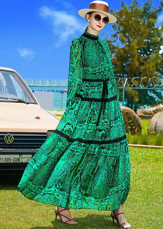 Green Stand Collar Patchwork Print Chiffon Cinch Dresses Spring