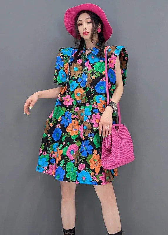 Red Peter Pan Collar Print Button Mid Dress Short Sleeve