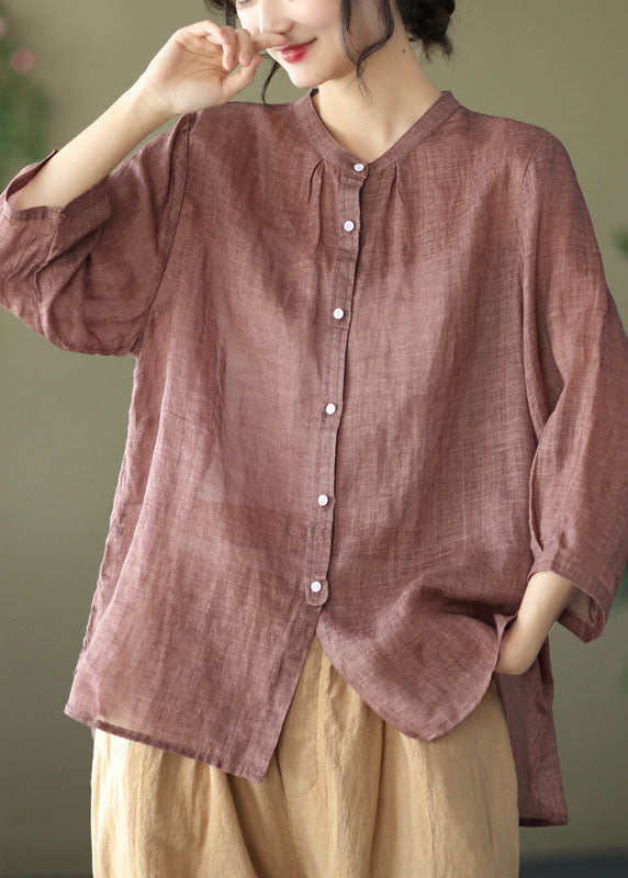 Chocolate Patchwork Linen Shirt Top Wrinkled Bracelet Sleeve