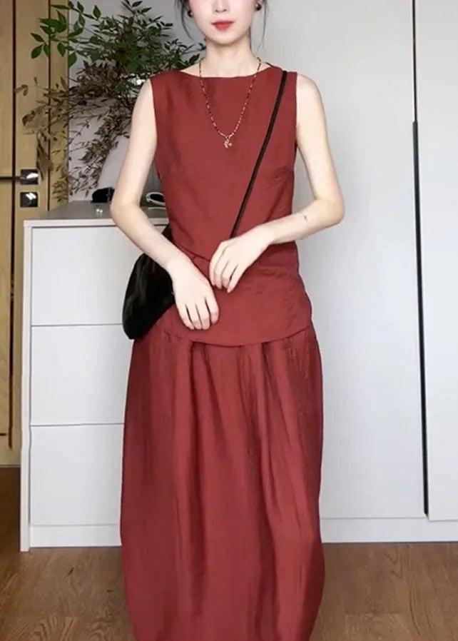 Red Pockets Top and Maxi Skirts Two Piece Set Sleeveless