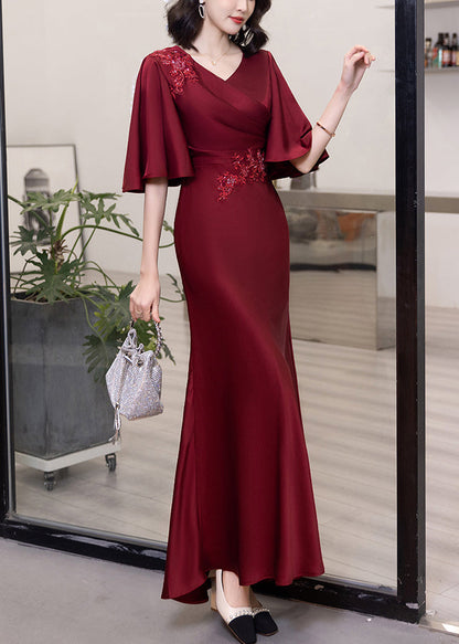 Classy Wine Red V Neck Embroideried Cotton Long Dresses Butterfly Sleeve
