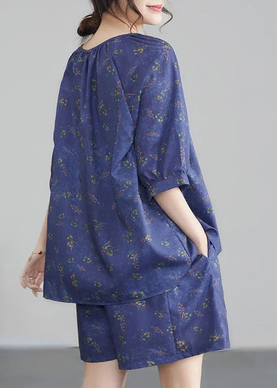 Purple Print Wrinkled Tops and Shortscotton Two Pieces Set Summer