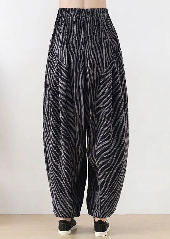 Black Grey Elastic Waist Pockets Cotton Harem Pants Spring