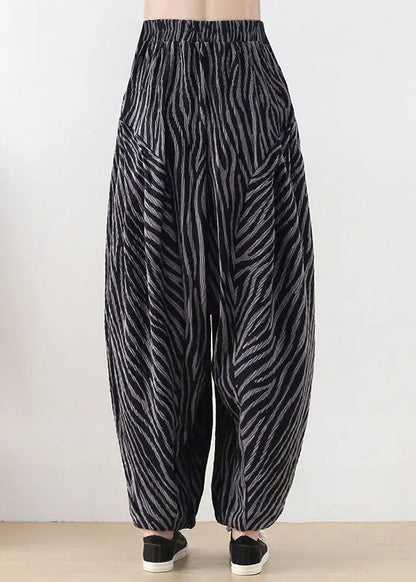 Black Grey Elastic Waist Pockets Cotton Harem Pants Spring