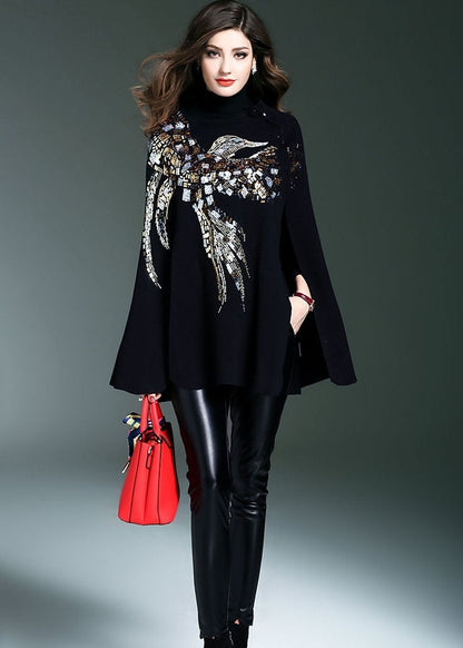 Black Turtle Neck Sequins Knit Sweater Cloak Sleeves