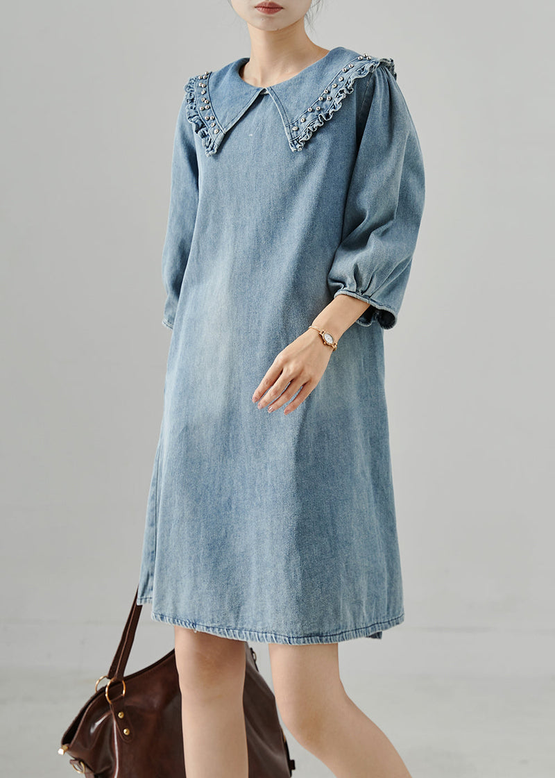 Blue Peter Pan Collar Rivet Denim Day Dress Bracelet Sleeve