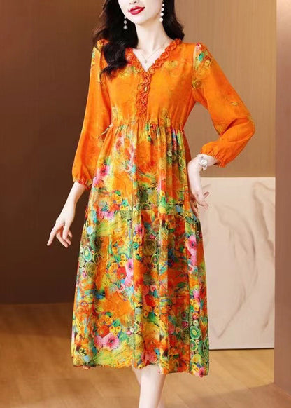 Orange Ruffled Print Patchwork Silk Long Dress Spring