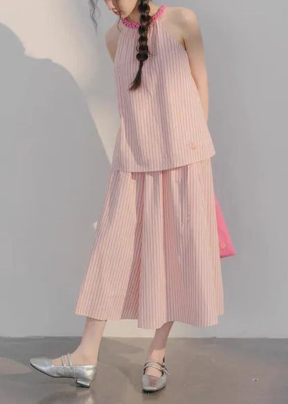 Pink Striped Tops and Crop Pants Cotton Two Pieces Set Sleeveless