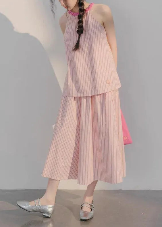 Pink Striped Tops and Crop Pants Cotton Two Pieces Set Sleeveless