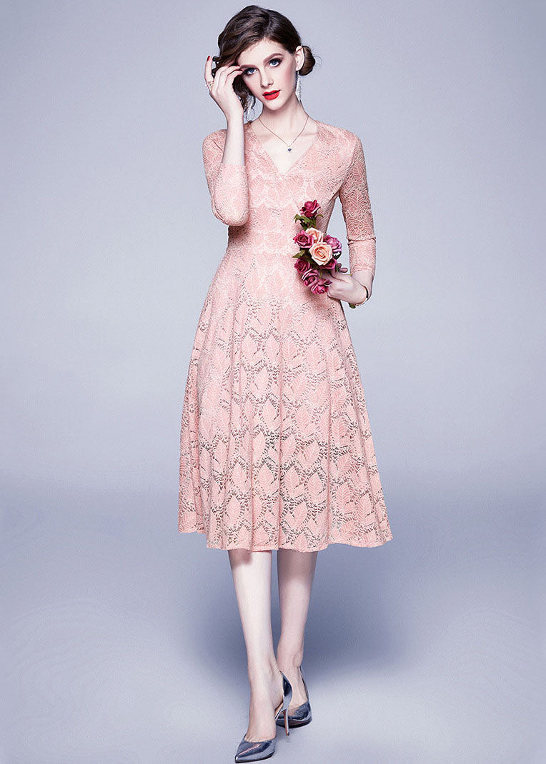 Pink V Neck Exra Large Hem Lace Dresses Bracelet Sleeve