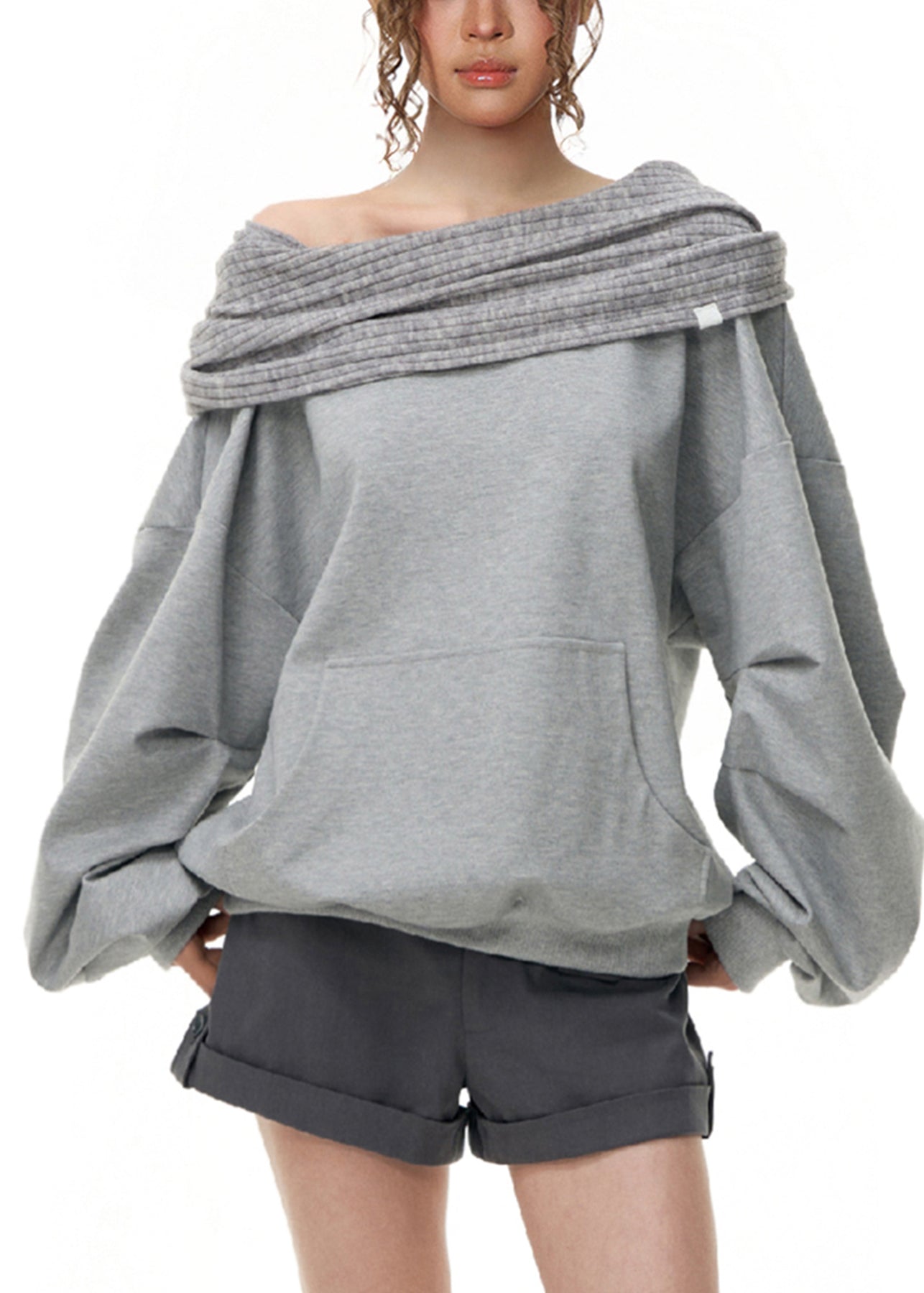 Grey Cold Shoulder Patchwork Cotton Sweatshirt Fall