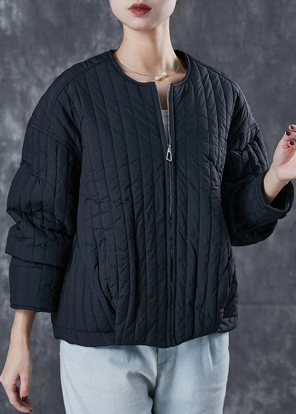 Unique Black O-neck Zip Up Fine Cotton Filled Coat Spring