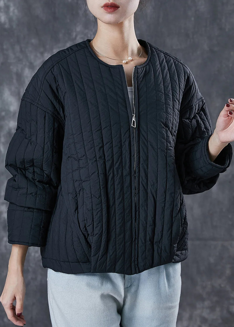 Unique Black O-neck Zip Up Fine Cotton Filled Coat Spring