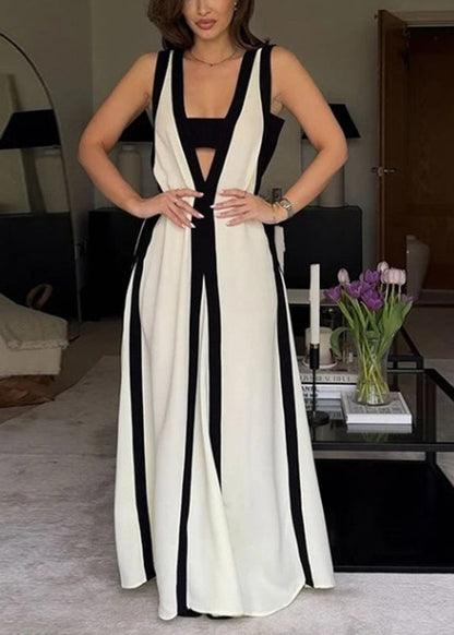 Brief White V Neck Striped Patchwork Cotton Long Dress Summer