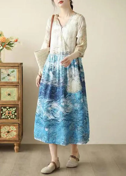 Blue Print Patchwork Tunic Dresses Summer